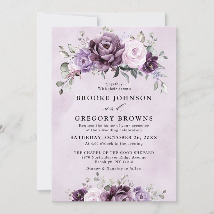 Shades of Dusty Purple Blooms Moody Floral Wedding Invitation Zazzle Wildflower Greenery, Sage Wreath, Moody Floral Wedding, Midsummer Wedding, Moody Botanical, Mauve Wedding, Wedding Invitation Size, Roses Peonies, Spring Wedding Invitations