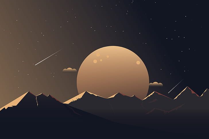 an image of the sun rising over mountains with stars in the night sky above it