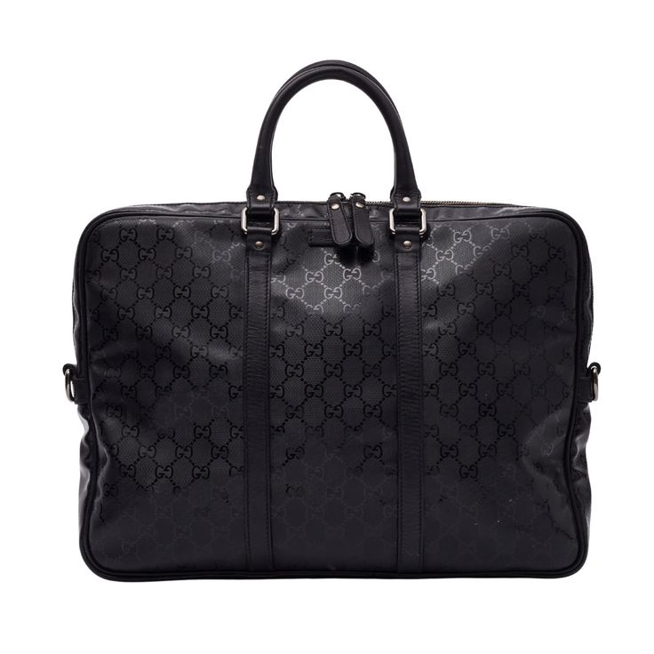 This Gucci briefcase bag features black monogram coated canvas, leather details throughout, dual rolled leather top handles, top zip closure with double zipper tabs, silver tone hardware and black canvas lining with pockets. Color: Black with monogram print Material: Coated canvas textile Style No. 201480 Condition: Very good. Faint hairline marks and scratches. No inclusions & missing shoulder strap. Made in Italy Measurements~ Height 12” x Width 16” x Depth 2.5” Top handle drop: 2.5” Gucci Bag Men, Black Gucci Bag, Black Briefcase, Briefcase Bag, Monogram Prints, Black Canvas, Canvas Leather, Leather Top, Fashion Handbags