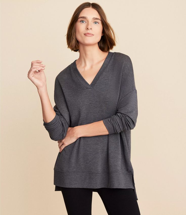 Lou & Grey Ribtrim Signaturesoft V-Neck Top Relaxed Fit V-neck Top For Lounging, Relaxed Fit Long Sleeve V-neck Top For Fall, Relaxed Fit V-neck Tops For Relaxation, Relaxed Fit V-neck Top For Fall, Fall Relaxed Fit Long Sleeve V-neck Top, Comfortable V-neck Fall Tops, V-neck Loungewear Top With Ribbed Cuffs, V-neck Top With Ribbed Cuffs For Loungewear, Relaxed Fit V-neck Sweater For Loungewear