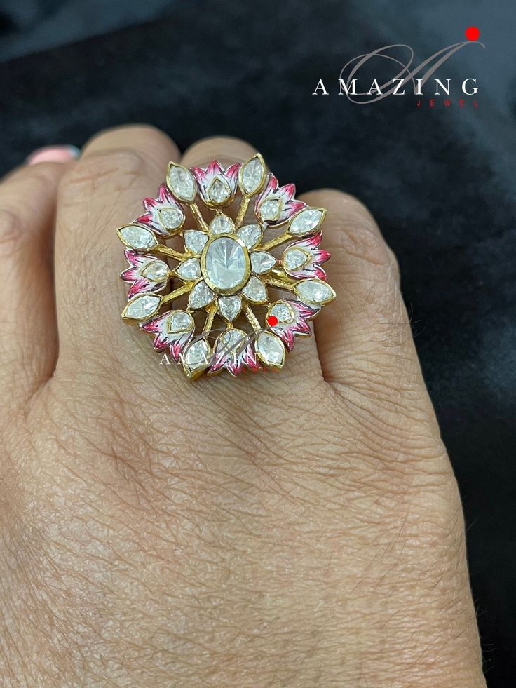 Silver Moissanite Polki & Pink Enamel Ring, Indian Traditional Ring, Polki Ring , Adjustable Ring ,Indian Wedding Jewelery, Travel Ring, Statement Ring Material : Silver Gemstone: Moissanite, Swarovski Stones and Pink Enamel Stone colour: Uncut Polki Primary colour: Gold Ring Size : Adjustable Silver Intricate, hand crafted, Pure Silver Polki Rings , studded with high quality Moissanite Polki , made in 92.5 silver with 22ct gold plating. Product comes with 92.5 silver hallmark. - We also Cus Yellow Gold Ring For Celebration, Yellow Gold Celebration Ring, Celebration Yellow Gold Ring Jewelry, Wedding Ruby Ring With Single Cut Diamonds, Unique Round Jewelry For Weddings, Unique Yellow Gold Ruby Wedding Ring, Unique Wedding Rings With Round Cut, Unique Round Cut Wedding Rings, Celebration Yellow Gold Ring