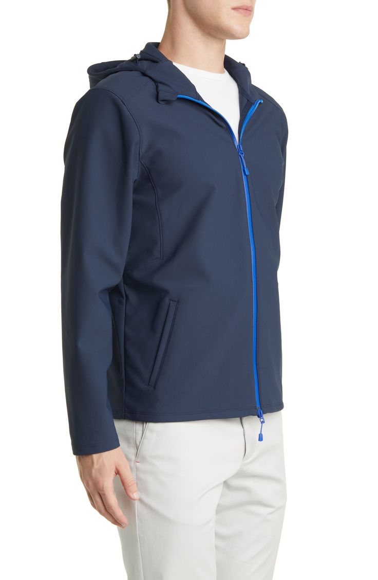 Lightweight and water-resistant, this jacket made of a stretchy nylon blend sports a soft hood and a fit that layers easily into your cool-weather wardrobe. Drawcord-toggle hood Water-resistant 78% nylon, 22% spandex Machine wash, dry flat Imported Outdoor Blue Hooded Jacket With Zipper Closure, Blue Hooded Jacket With Zipper For Outdoor, Stretch Nylon Hooded Track Jacket, Functional Navy Hooded Outerwear, Functional Blue Outerwear With Double-lined Hood, Blue Stretch Outerwear With Zipper Closure, Blue Fitted Sporty Windbreaker, Blue Nylon Hooded Jacket With Double-lined Hood, Technical Nylon Outerwear With Drawstring Hood