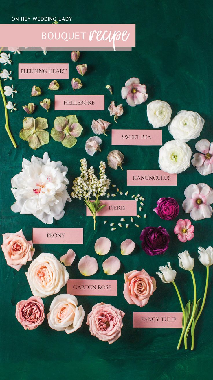 flowers arranged on a green background with the words bouquet recipe written in pink and white