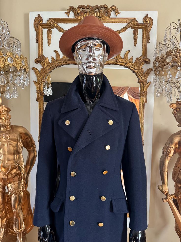 Men's navy blue Vintage long Winter Fitted Trench Coat. Estimated Dimensions  Chest 20" Shoulders 17.5" Sleeve 24.5" Length 46.5" Fitted Trench Coat, Blue Trench Coat, Winter Fit, Century Clothing, Long Winter, Mens Vintage, Blue Vintage, Gold Buttons, Costume Ideas