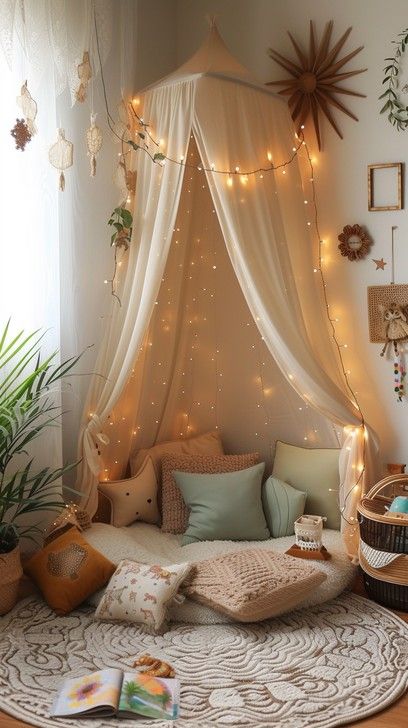 StockCake A serene and cozy reading nook adorned with fairy lights, draped fabric, and plush cushions invites peaceful relaxation. Nook In Room Ideas, Reading Corner On Floor, Bed Canopy Reading Nook, Reading Nooks Aesthetic, Kids Room Fairy Lights, Elevated Reading Nook, Enchanted Reading Nook, Day Bed Nook, Cozy Nook Ideas Bedrooms