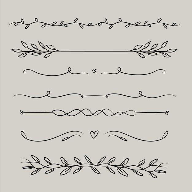 a set of hand drawn floral and vine design elements in black on a gray background