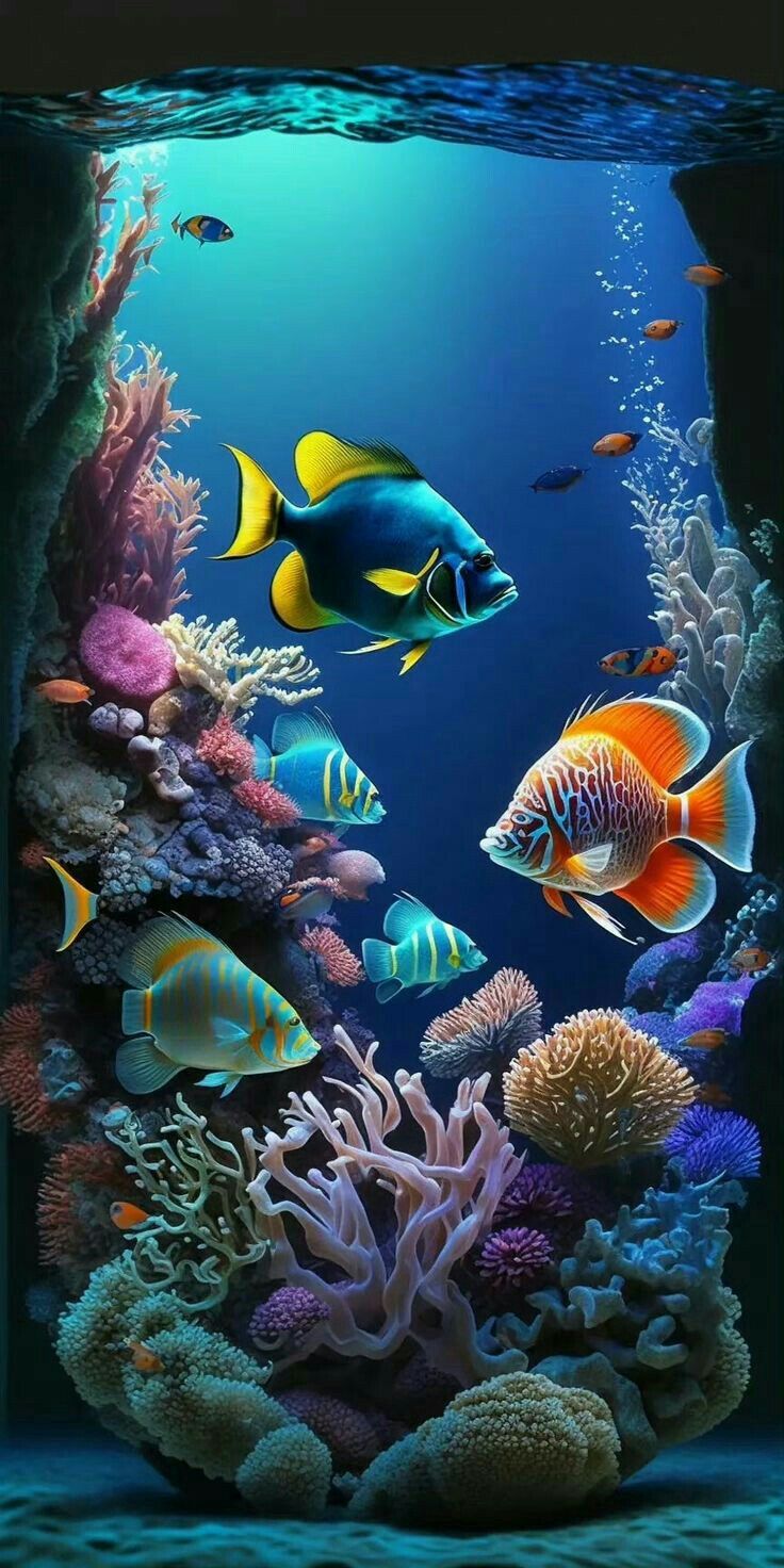 an aquarium filled with lots of different types of fish and corals in the water