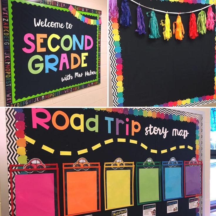 a bulletin board decorated with colorful tassels and the words second grade road trip