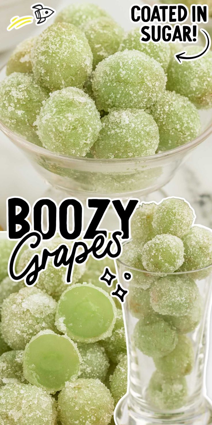 boozy grapes in a glass bowl with the words boozy grapes on top and below it