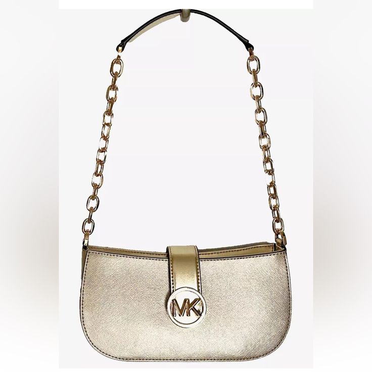 New With Tags 100% Authentic Michael Kors Carmen Small Pouchette Metallic Pale Gold With Gold Tone Hardware Style# 35f3gnmc5m Retail Price $398 Metallic Saffiano Leather Zip Closure And Magnetic Snap Closure Chain Shoulder Strap With 11" Drop Interior Details: 3 Card Slots, Lining Dust Bag Not Included Length: 9 1/4" Height: 4 1/2" Width: 2 3/4" Gold Shoulder Bag With Logo Hardware For Shopping, Everyday Gold Bag With Metal Logo, Gold Shoulder Bag With Logo Hardware, Everyday Gold Bags With Metal Logo, Gold Bags With Metal Logo For Everyday Use, Gold Bags With Logo Hardware, Michael Kors Gold Shoulder Bag With Gold-tone Hardware, Gold Shoulder Bag With Logo For Shopping, Gold Logo Shoulder Bag For Shopping