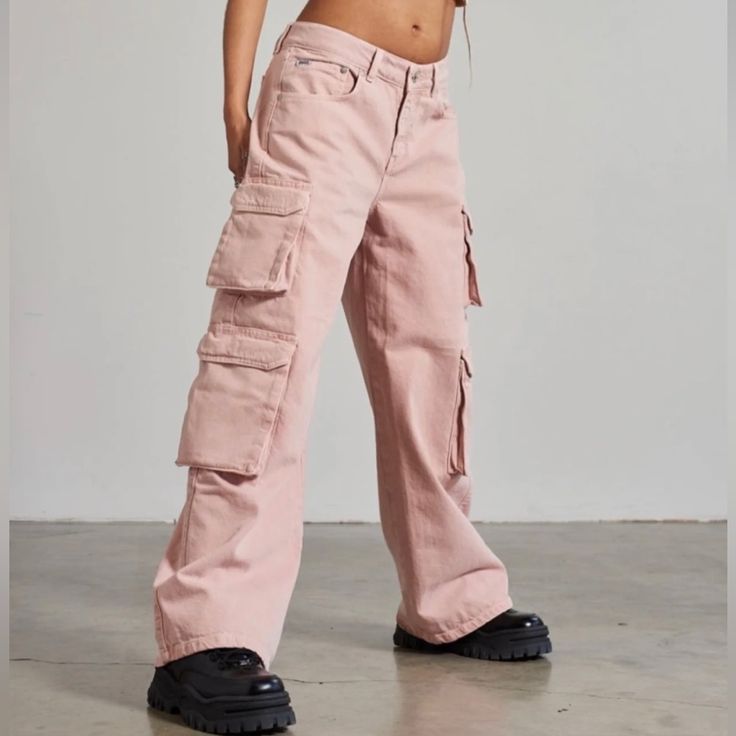 Nwt Ragged Muted Pink Jeans Size 34 Made In Turkey Cotton Pink High Rise Bottoms For Work, Pink Wide Leg Utility Pants, Pink High Rise Pants With Pockets, Pink Mid-rise Cargo Pants With Pockets, High Rise Pink Pants With Pockets, Mid-rise Pink Cargo Pants With Pockets, Pink Cargo Pants For Fall, Full Length Pink Bottoms With Cargo Pockets, Fitted High Waist Pink Cargo Pants