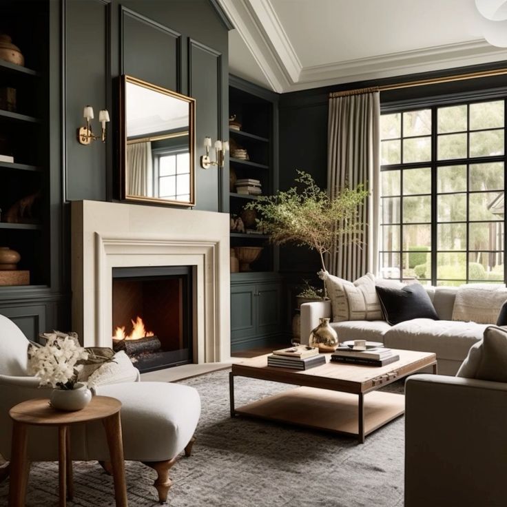 Dark Green Neutral Living Room, Hunter Green Library Room, Moody And Airy Living Room, Green Room With Fireplace, Dark And Moody Living Room Modern, Deep Green Built Ins, Semi Moody Living Room, Cozy Dramatic Living Room, Classical Modern Living Room