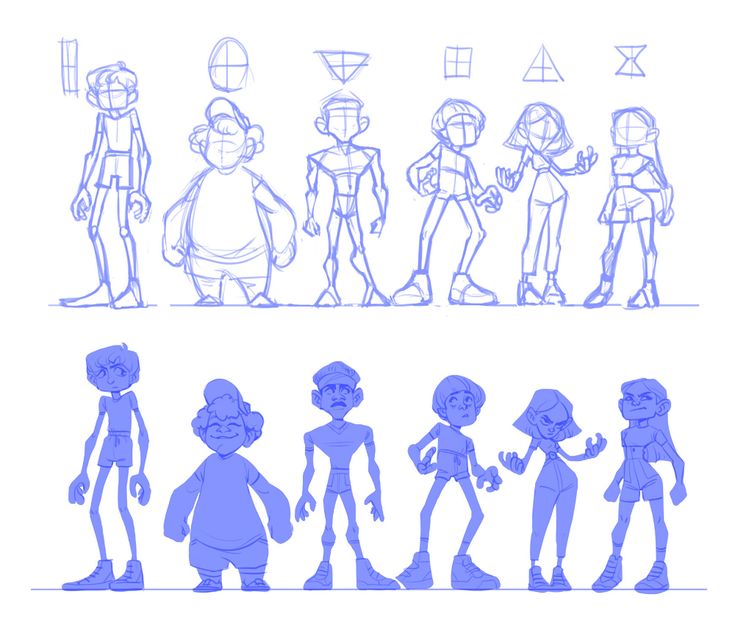 a line drawing of different poses and body shapes for cartoon character design, including an alien man