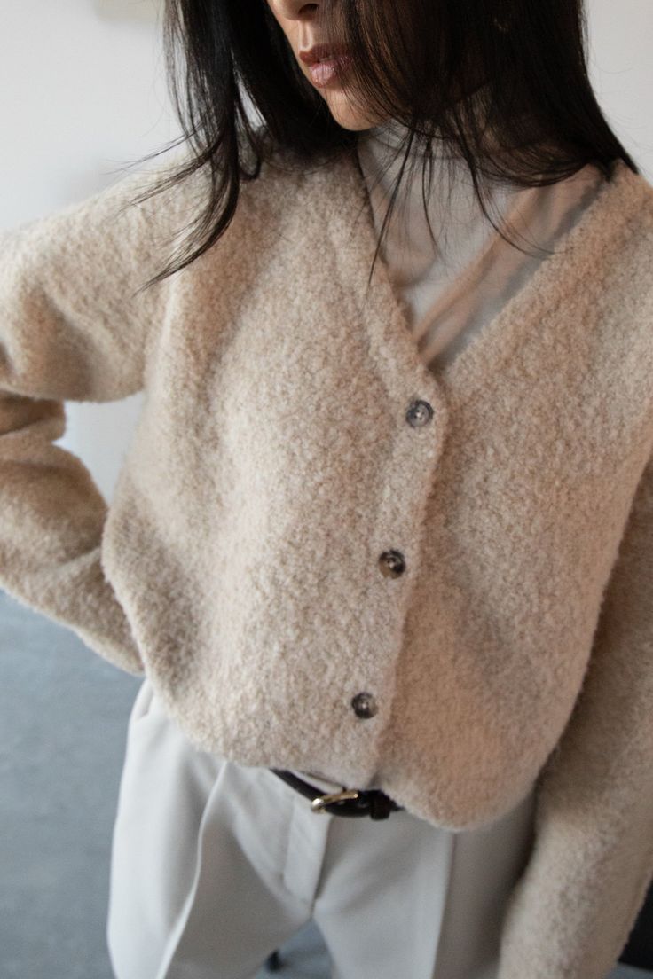 BOUCLE KNIT BUTTON FRONT CARDIGAN Soft Texture Everyday Winter Cardigan, Cozy Everyday Cardigan With Buttons, Everyday Cozy Cardigan With Buttons, Cozy Knit Sweater Coat With Button Closure, Cozy Everyday Cardigan With Button Closure, Everyday Winter Cardigan With Textured Knit, Cozy Button-up Winter Cardigan, Cozy Button-up Cardigan For Winter, Cozy Winter Button-up Cardigan