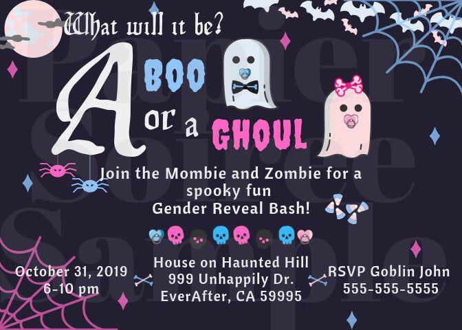 halloween party flyer with ghost, spider webs and bats on the black background for boo or a ghoul