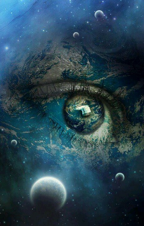 an eye with the words not only are we in the universe, the universe is in us