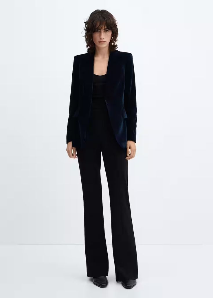 Velvet blazer - Women | Mango USA V-neck Single Breasted Blazer For Business Casual, Tailored V-neck Formal Outerwear, Tailored V-neck Outerwear With Pockets, Elegant V-neck Outerwear With Hidden Button Closure, Tailored V-neck Elegant Blazer, Elegant Tailored V-neck Blazer, Fitted V-neck Outerwear For Work, Tailored V-neck Blazer For Business, Classic V-neck Blazer With Hidden Button Closure