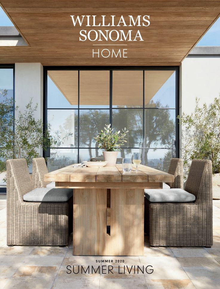 the cover of williams sonoma's summer living magazine, featuring an outdoor dining table and chairs