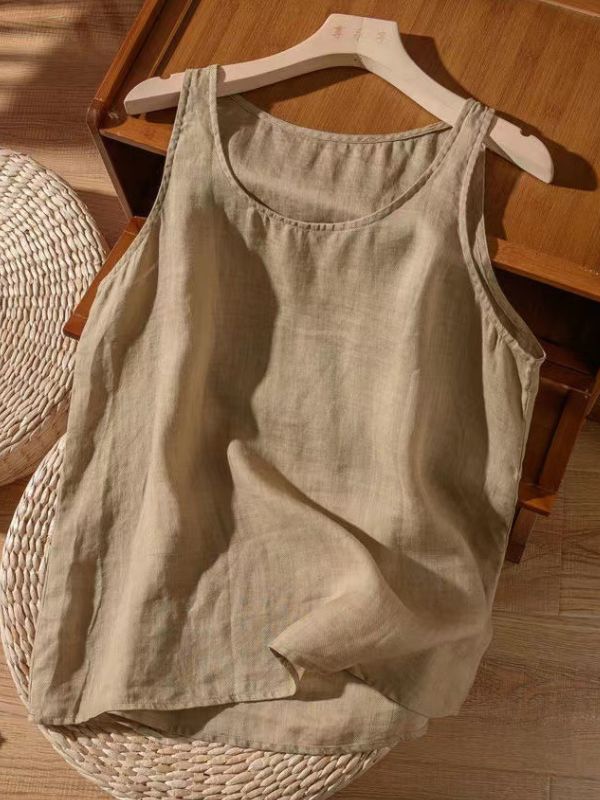 Women's Cotton Linen Tank Top Solid Crew Neck Sleeveless Vest Solid Tank Tops, Linen Tank Top, Tank Top Straps, Linen Tank, Summer Tank Tops, Sleeveless Vest, Linen Clothes, Sleeveless Tank Top, Womens Vest