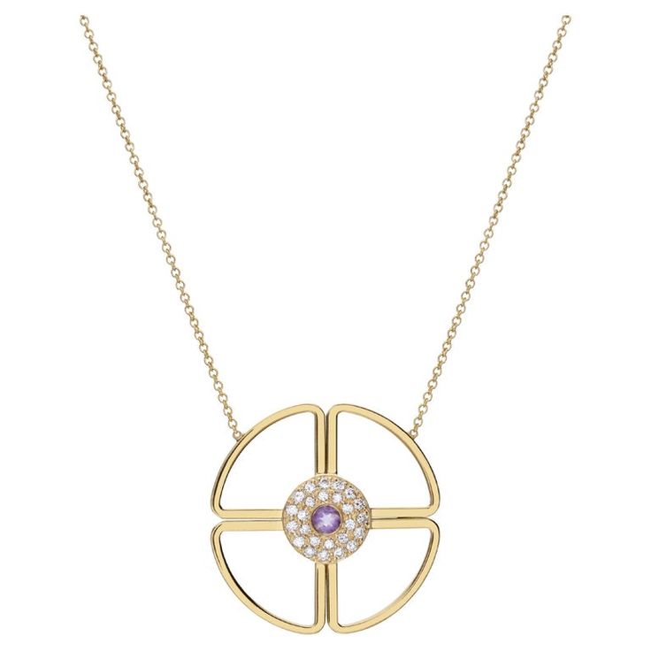 Flower shapw necklace handmade in 18Kt yellow gold with diamonds and perpule amethyst. It is inspired from pranic healing and the shape of Chakra Anatomy by Grand Master Choa Kok Sui Title: Chakra Anatomy Metal: Yellow Gold Stone details: Amethyst 0.30ct and diamonds 0.10ct Collection: Prana art - Infusing our sense of style with some powerful life force, in order for us to maintain the balance in every aspect of our lives. Information: Limited edition - It comes with designer certificate of aut Luxury Purple Diamond Necklace, Luxury Yellow Gold Amethyst Necklace, Fine Jewelry Amethyst Necklace In Yellow Gold, Fine Jewelry Amethyst Necklaces In Yellow Gold, Fine Jewelry Yellow Gold Amethyst Necklaces, Chakra Anatomy, Choa Kok Sui, Pranic Healing, Life Force