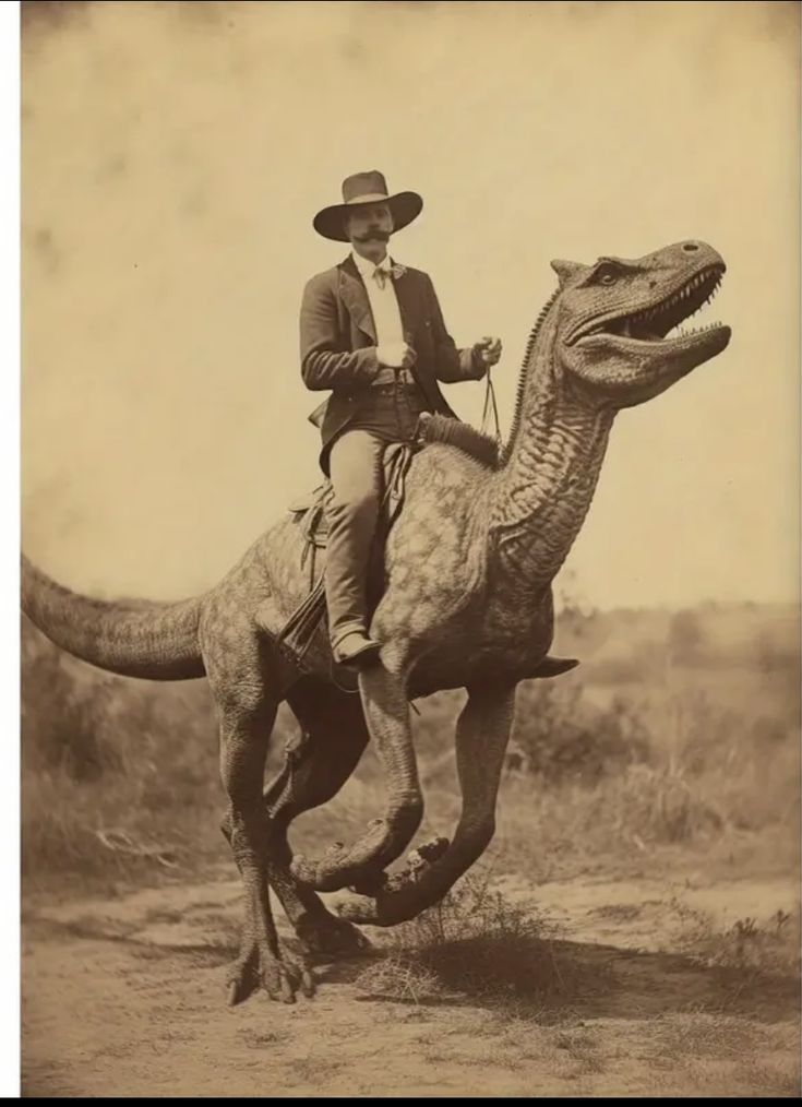 a man riding on the back of a dinosaur with a cowboy hat and lasso