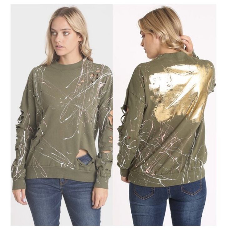 Very Chic American Able Laser-Cut Graffiti Print Sweatshirt In Olive Green. Laser-Cut Distressing With Paint Splatter Art In White And Pink. Gold Metallic Art On The Back. Material Is Very Soft. Made In Usa. Chest Measurements Small: 20” Medium: 22” Large: 24” Distressed Long Sleeve Tops For Fall, Relaxed Fit Ripped Crew Neck Tops, Distressed Long Sleeve Tops For Spring, Trendy Distressed Green Tops, Spring Crew Neck Ripped Tops, Ripped Relaxed Fit Crew Neck Tops, Trendy Oversized Ripped Tops, Trendy Green Distressed Top, Oversized Ripped Crew Neck Top