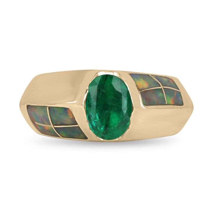 Discover the captivating allure of our emerald and opal accent ring, featuring a north-to-south set oval-cut emerald in a bezel setting, displaying a rich green color and very good luster, sourced from Zambia. The emerald is beautifully complemented by opal accents arranged in a geometric design, adding a unique and vibrant touch. Crafted in 14k yellow gold, this ring is a stunning fusion of classic elegance and contemporary style. Setting Style: Tension/Bezel Setting Material: 14K Yellow Gold S Oval Multi-stone Opal Ring Fine Jewelry, Fine Jewelry Oval Multi-stone Opal Ring, Classic Opal Multi-stone Jewelry, Classic Multi-stone Opal Jewelry, Classic Oval Opal Jewelry, Green Opal Oval Ring In 14k Gold, Oval Cabochon Opal Multi-stone Jewelry, Fine Jewelry Oval Opal Ring With Polished Finish, Oval Opal Ring With Polished Finish In Fine Jewelry