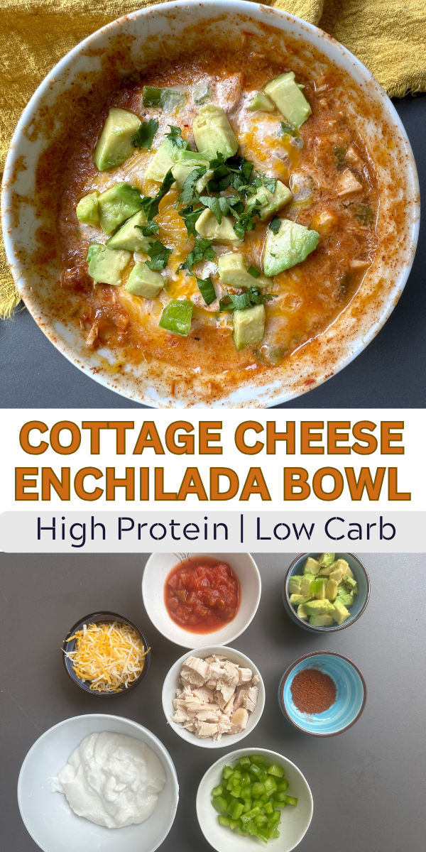 Cottage cheese enchilada bowl topped with cheese and avocado plus an image of the ingredient in bowls Quick Dinner Ideas For One Person, Low To No Carb Meals, Macro Friendly Meals Dinners, Philly Cheese Steak In A Bowl, Baratic Soft Foods, Fast High Protein Lunch, Easy Low Carb Low Calorie Meals, Gluten Free Lunch Prep, Cottage Cheese Chicken Enchiladas