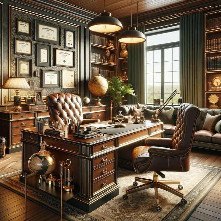 an old fashioned office with leather furniture and pictures on the wall