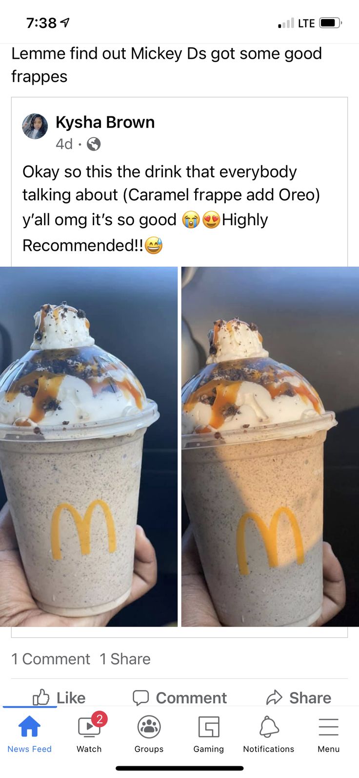 two cups with ice cream and toppings in them, one has a mcdonald's logo on it