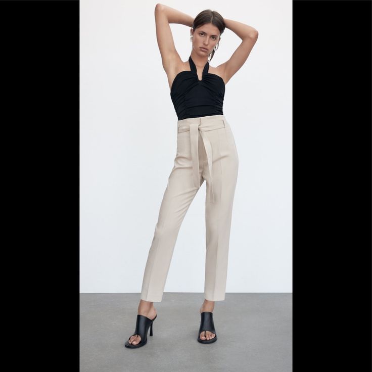 Zara High-Belted Pants Ecru Color Simply Beautiful Chic Tapered Leg Pants, Belted Beige Trousers, Chic Cream Tapered Leg Bottoms, Elegant Neutral Pants With Belt Loops, High Waist Beige Belted Pants, Beige Belted Paperbag Waist Bottoms, Chic Zara Pants With Belt Loops, Chic Neutral High-waisted Pants, Belted Paperbag Waist Beige Bottoms