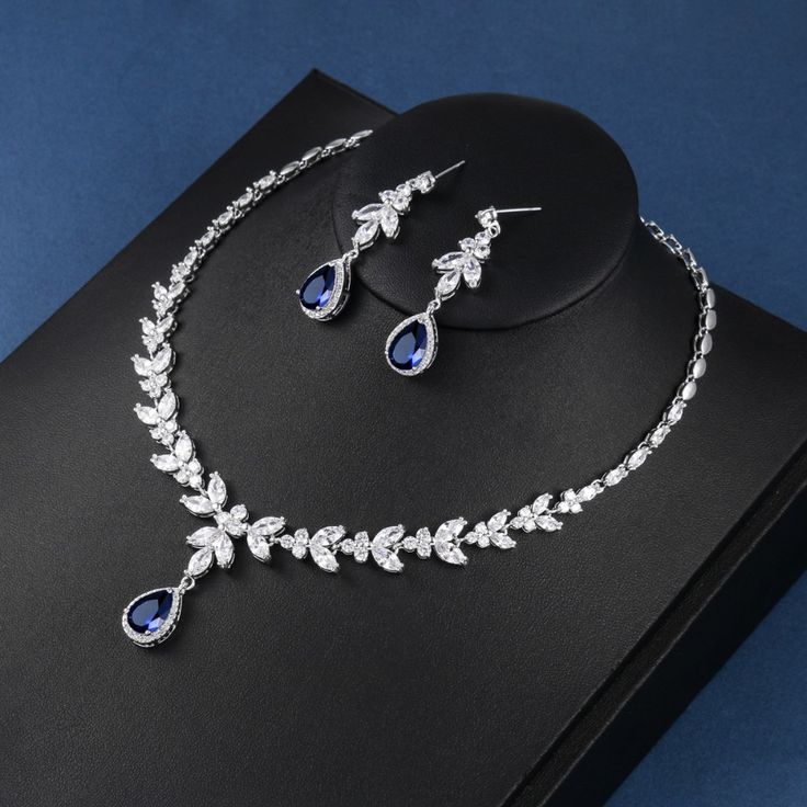 Fabulous Sapphire and Clear CZ Wedding and Formal Jewelry Set Bridal Jewelry Pearl Sets, Wedding Necklace Set, Formal Jewelry, Pearl Bridal Jewelry, Bridal Necklace Set, Silver Wedding Jewelry, Studded Necklace, Blue Bridal, Prom Jewelry