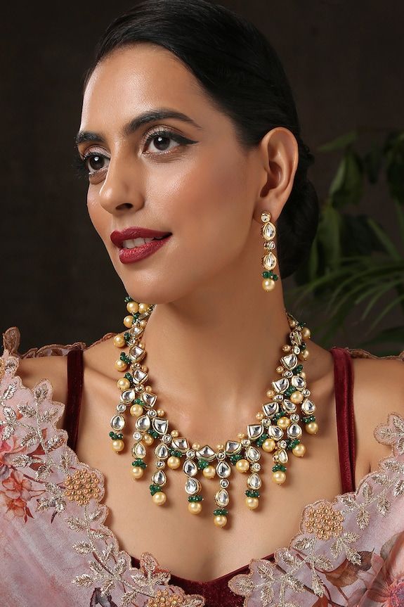 Gold plated necklace with green stone and kundan embellishment. Comes with earrings. - Aza Fashions Gold Plated Necklace, Green Stone, Aza Fashion, Necklace Set, Jewelry Sets, Paisley, Gold Plate, Stone, Green