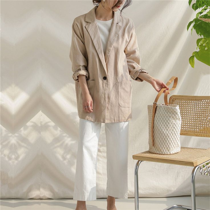 Women's Light Weight Blazer Open Front Cotton Linen Vintage Cardigan Blazer with Pocket Summer Workwear Cardigan With Long Sleeves, V-neck Outerwear With Pockets For Spring, Spring Casual Beige Blazer, Casual V-neck Blazer For Spring, Casual Beige Long Sleeve Blazer, Casual Beige Blazer For Spring, Casual Beige Blazer For Day Out, Spring Neutral Blazer For Day Out, Neutral Blazer For Day Out In Spring