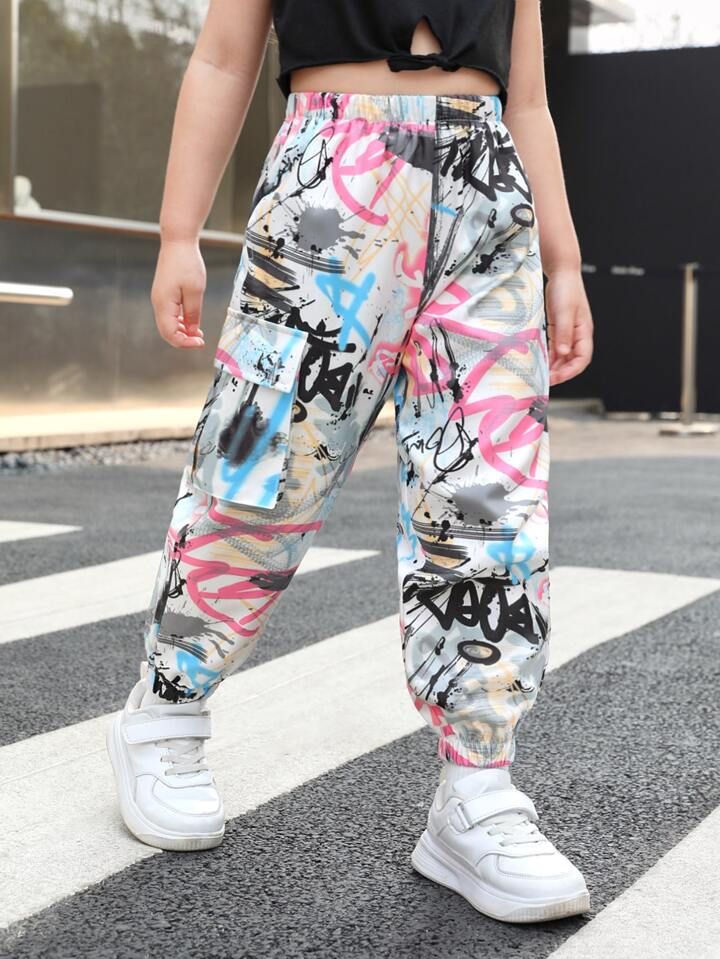 Baggy Pink Hip Hop Pants, Pink Baggy Hip Hop Pants, Casual Pink School Bottoms, Pink Casual Bottoms For School, Casual Pink Bottoms For School, Casual White Bottoms With Graffiti Print, Spring Cotton Pants With Graffiti Print, Trendy School Pants With Pockets, Multicolor Letter Print Bottoms For Summer