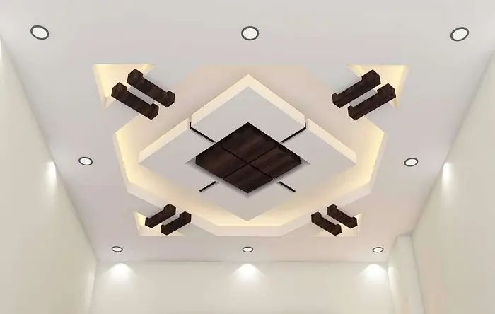 the ceiling is decorated with white and brown decorations