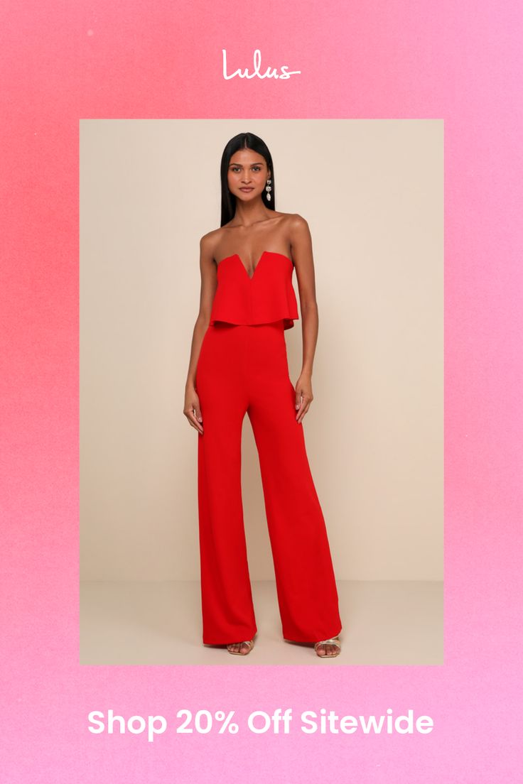 You'll be absolutely irresistible when you're wearing the Lulus Power of Love Red Strapless Jumpsuit! Stretch crepe knit shapes a strapless bodice with a fluttering tier, hidden V-bar, and no-slip strips. A high, fitted waist tops relaxed wide leg pants. Hidden back zipper/hook clasp. Fit: This garment fits true to size. Length: Floor length. Size medium measures 56" from top to bottom. Inseam: 32.50 Front Rise: 14.00 Bust: Works best for A to C cup sizes - consider sizing up for fuller bust. Waist: Fitted - very fitted at natural waist. Hip: Fitted - stretchy fabric allows room for hips. Undergarments: May be worn with petals, or no bra. Fabric: Fabric is very stretchy. Unlined. 96% Polyester, 4% Spandex. Hand Wash Cold. Do Not Bleach. Line Dry. Iron Low Heat. Imported. Lulus | Power of L Strapless Sleeveless Ruffles Jumpsuit For Date Night, Chic Red Tube Top For Evening, Flirty Strapless Fitted Jumpsuits And Rompers, Fitted Strapless Flirty Jumpsuits And Rompers, Strapless Solid Jumpsuits And Rompers For Date Night, Strapless Jumpsuits And Rompers For Date Night, Strapless Ruffled Jumpsuits And Rompers For Date Night, Glamorous Strapless Jumpsuits And Rompers For Date Night, Bandeau Strapless Jumpsuit For Party