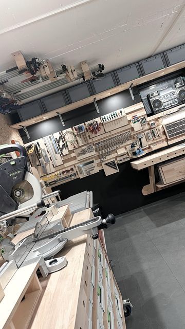 an overhead view of a room filled with lots of woodworking equipment and tools on shelves