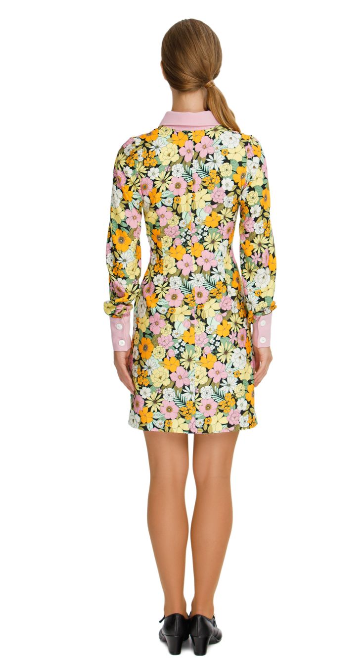 SALE! 2 left! Vibrant Floral Autumn Shirt Dress; a versatile and delightful addition to your wardrobe. This dress features a vibrant floral pattern that adds a casual elegance to your ensemble, making it perfect for both work and play. The classic pink collar, cuffs, and button down detailing provide a charming contrast against the floral backdrop. With its casual yet sophisticated style, this dress carries confidently across all environments, from the classroom to a concert hall. Embrace the vi Daywear Fitted Mini Dress With Print, Fitted Collared Dress For Garden Party, Fitted Printed Mini Dress For Daywear, Chic Multicolor Floral Print Shirt Dress, Multicolor Long Sleeve Floral Printed Dress, Multicolor Long Sleeve Printed Floral Dress, Fitted Multicolor Floral Long Sleeve Dress, Spring Printed Shirt Dress For Daywear, Multicolor Printed Long Sleeve Floral Dress