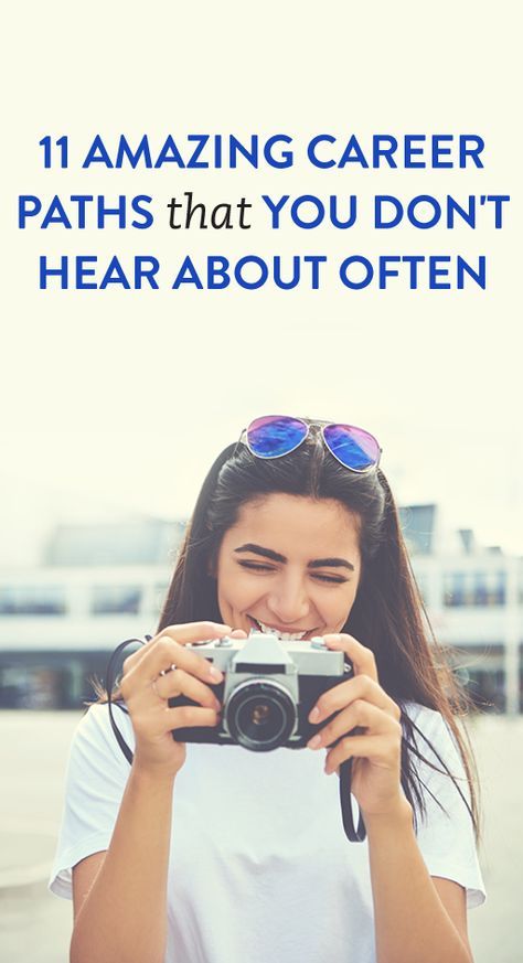 a woman taking a photo with her camera text reads, 11 amazing career paths that you don't hear about often