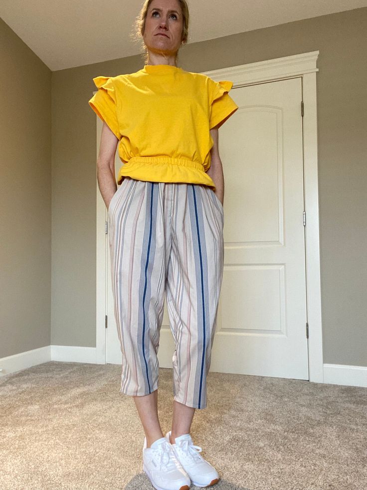 "-Hand made item from 2nd hand/up-cycled vintage sheets. -Lightweight cotton woven fabric features a neutral colored stripe.  -Colors are tan, dark blue, rust with subtle yellow accents. -Comfortable pull on elastic waistband. -Side hand pockets. -Tapered capri length. -Pairs well with a variety of top colors. -Inseam = 22\" -A unique harem look that pairs nicely with fitted or cropped tops. -Great for gifting. **First person who orders gets a matching tote! See photos for pictures." Comfortable Lounge, Repurposed Vintage, Yellow Accents, Vintage Sheets, Lounge Pants, Cotton Weaving, Trousers Women, Womens Bottoms, Capri