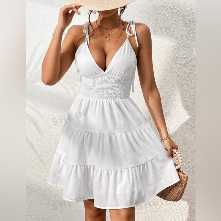 Brand New With Tag White Summer Vacation Sundress Vacation Mini Dress With Ruffled Straps, White Mini Dress With Ruffled Straps For Beach, Beach Mini Dress With Ruffle Hem And Straps, Ruffled Straps Lined Mini Dress For Beach, White Mini Dress With Ruffle Hem For Beach, Vacation Dress With Ruffled Straps And Lining, Vacation Dresses With Ruffled Straps And Lining, Fitted Tiered Mini Dress For Beach, Lined Dress With Ruffled Straps For Vacation