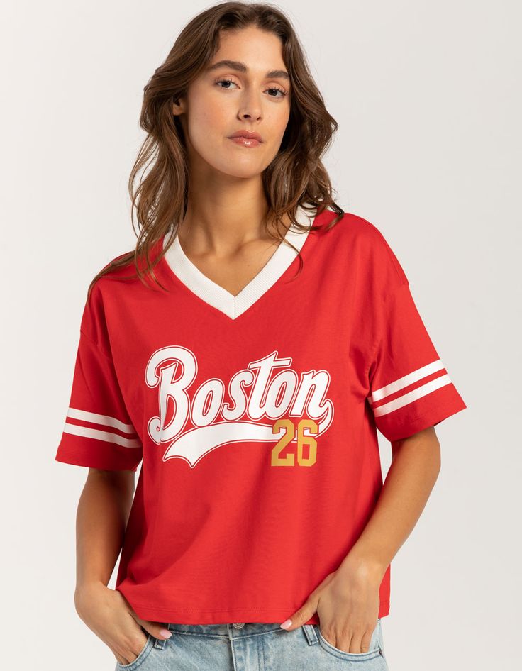 Rsq Boston V-Neck Tee. Graphic Screened On Front, And Two Stripes On The Sleeves Give It A Sporty Edge. Features A Ribbed V-Neckline And Relaxed Fit. 100% Cotton. Machine Wash. Imported. Model Is Wearing A Size Small. Model Measurements:height: 5'8" Bust: 34"waist: 25"hips: 37.5" College V-neck Graphic Print T-shirt, Sporty V-neck Top For College, Casual V-neck Tops With Text Print, Red Sporty V-neck T-shirt, Cotton V-neck Top With Letter Print, Casual V-neck Top For College, V-neck Spring College Tops, Sporty V-neck T-shirt For Loungewear, Sporty V-neck T-shirt For Spring