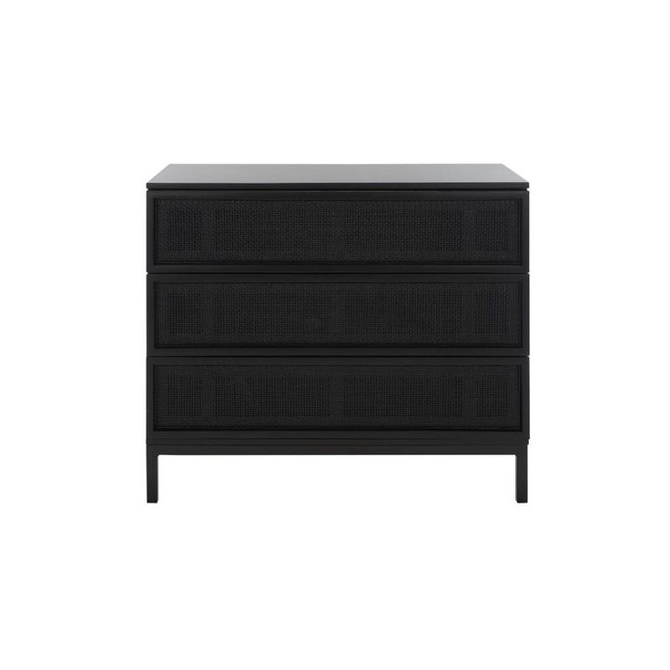 a black dresser with two drawers on one side and an open drawer on the other