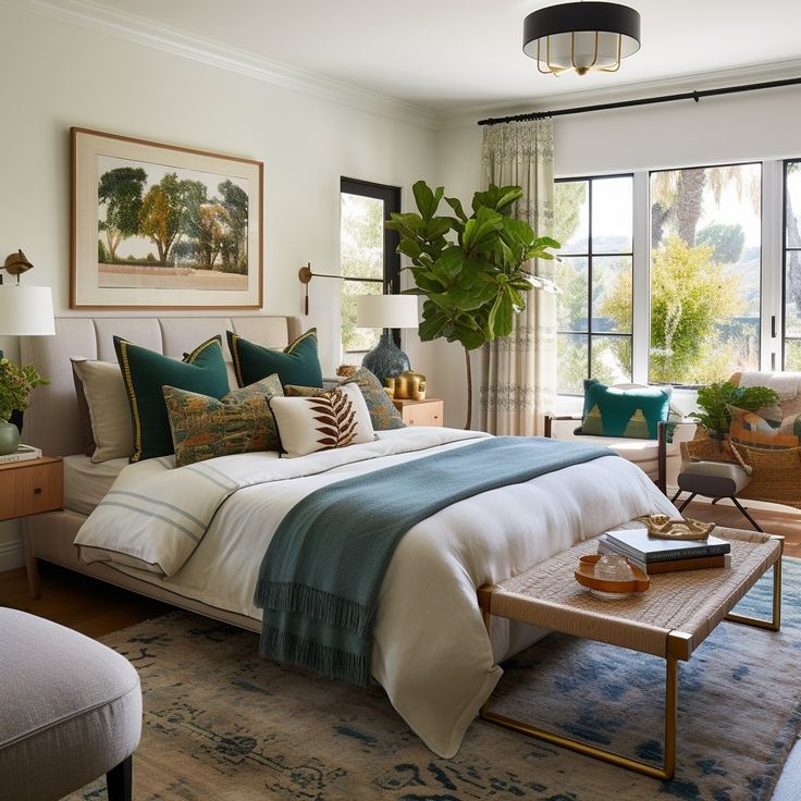 a large bed sitting in a bedroom next to a window with lots of green plants