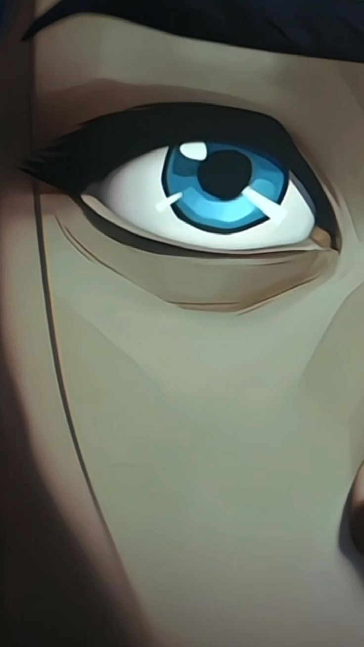 an anime character's eye with blue eyes and black hair is seen in this image