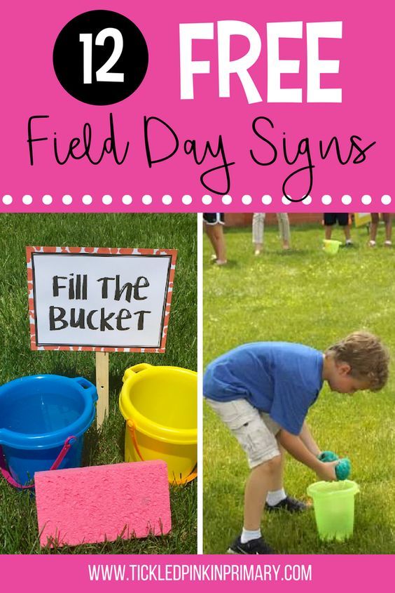 two pictures with the words, field day signs and buckets in front of them