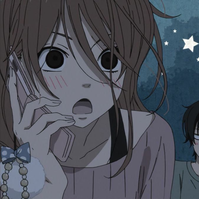 two anime characters one is talking on the phone and the other is holding her hand up to her face