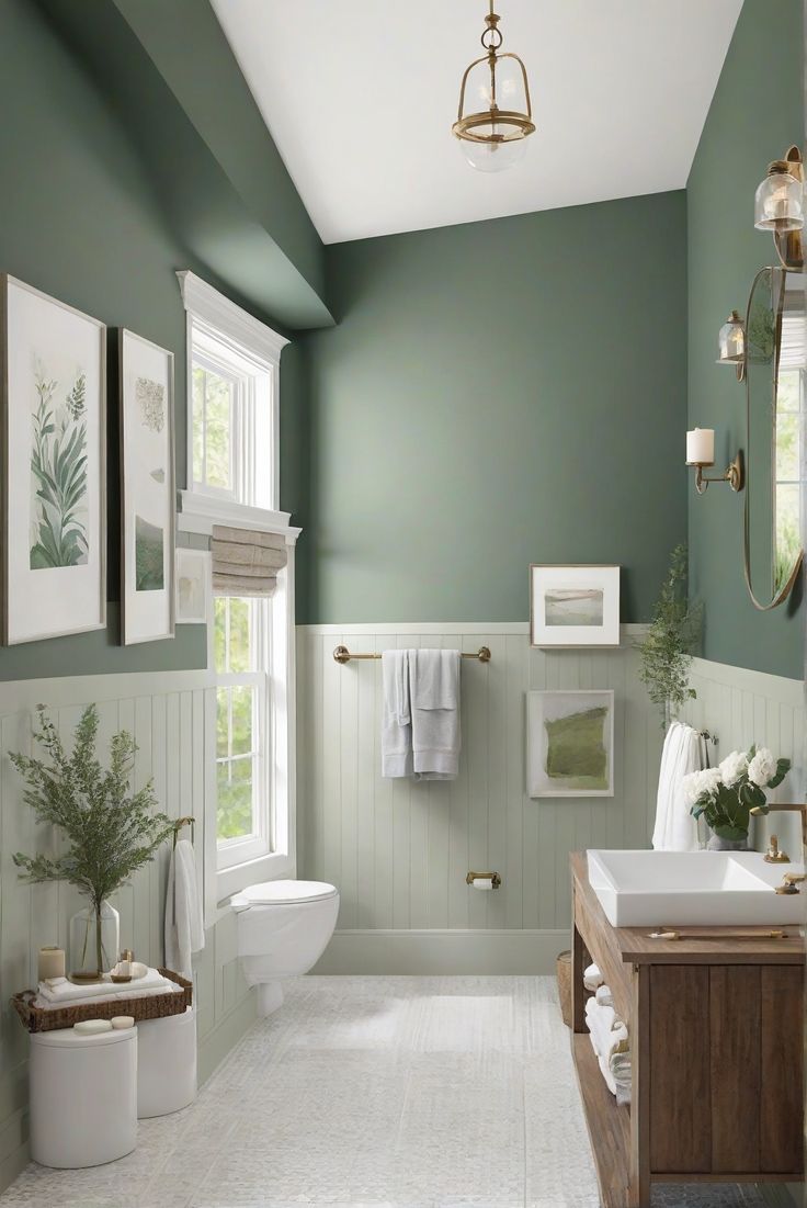 a bathroom with green walls and white fixtures