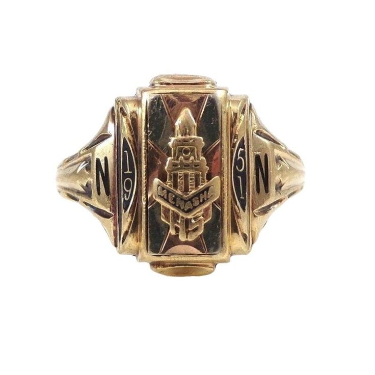 1951 Vtg Mid Century Solid 10k Tri Color Gold Menasha Hs Class Ring Size 6 Us Ring Size ~ 6 Ring Face Length X Width In Mm ~ 14 X 19 Gram Weight ~ 4.3 Inventory Code ~ Gic-101-Dd160-Ms175-A141d Hallmarked ~ Yes Tested~ Yes Notes ~ Professionally Cleaned, Polished, And Tested. Ring Is In Really Nice Condition. Please Contact Us With Any Questions. We Love To Hear From Shoppers. Thank You For Your Interest. Vintage Yellow Gold Signet Ring With Maker's Mark, Vintage Gold Engraved Ring With Maker's Mark, Vintage Ceremonial Rings With Polished Finish, Vintage Yellow Gold Engraved Ring With Maker's Mark, Classic Engraved Ring Stamped 14k For Commemoration, Vintage Ceremonial Engraved Signet Ring, Vintage Ceremonial Hallmarked Signet Ring, Vintage Ceremonial Jewelry With Screw Back, Antique 14k Stamped Signet Ring For Commemoration